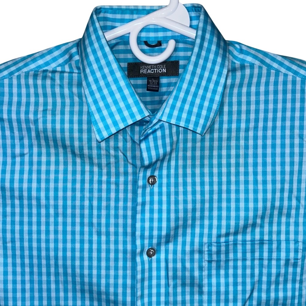 Kenneth Cole Reaction Mens Blue Gingham Check Regular Fit Non Iron Dress Shirt L